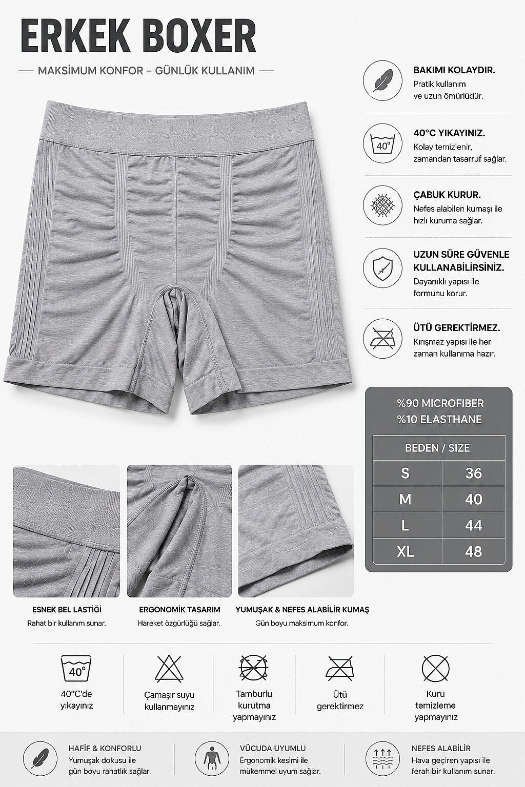Erkek Mikro Fiber Dikişsiz Boxer | %90 Microfiber %10 Elasthan