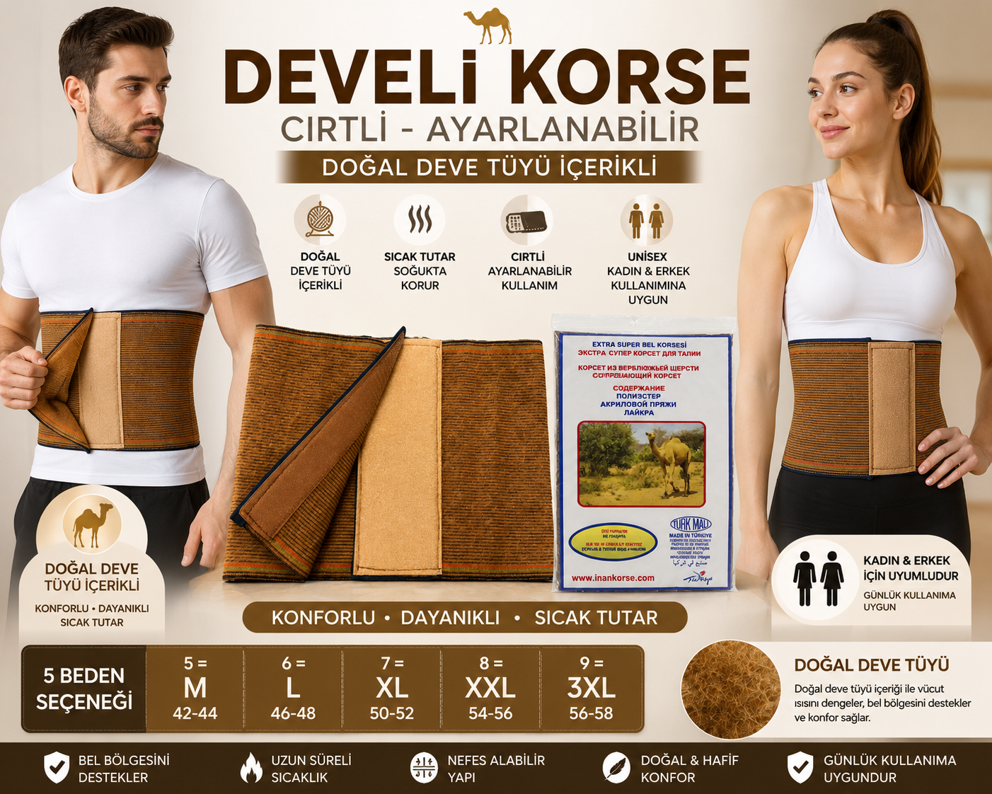 Develi Korse – Doğal Deve Tüyü İçerikli Bel Korsesi | Cırtlı & Ayarlanabilir