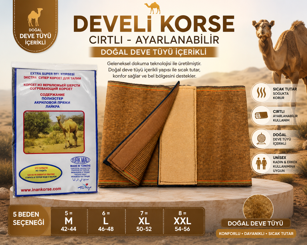 Develi Korse – Doğal Deve Tüyü İçerikli Bel Korsesi | Cırtlı & Ayarlanabilir