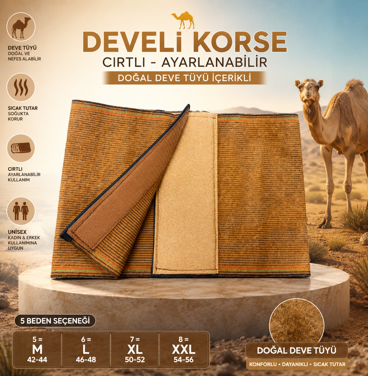 Develi Korse – Doğal Deve Tüyü İçerikli Bel Korsesi | Cırtlı & Ayarlanabilir